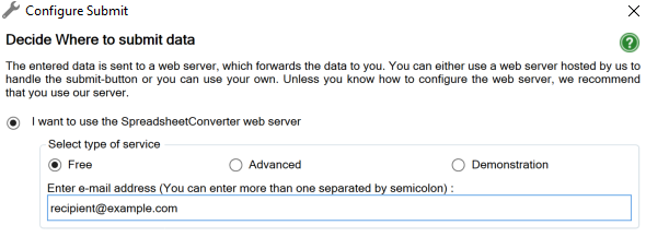 Screenshot of the Configure Submit window for the Free Submit Service