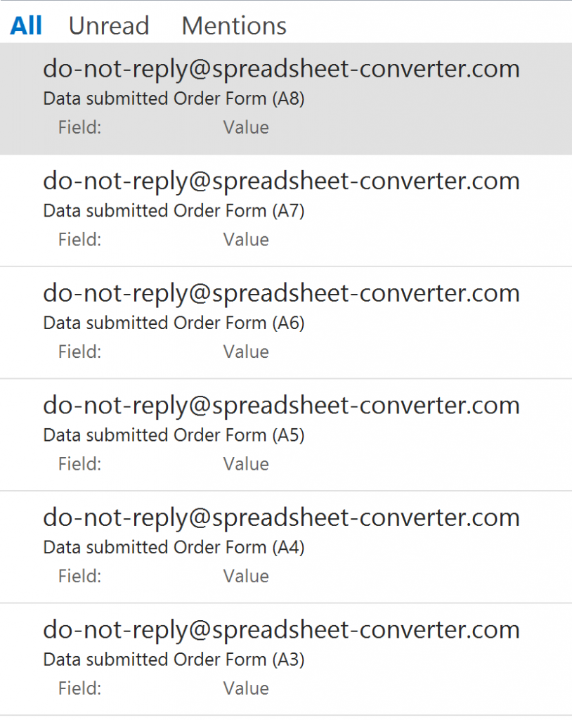 Screenshot of an e-mail Inbox with sequentially numbered form submissions