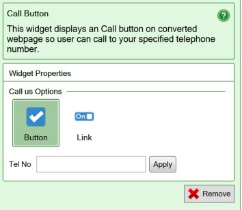 Screenshot of the settings for the Call button widget