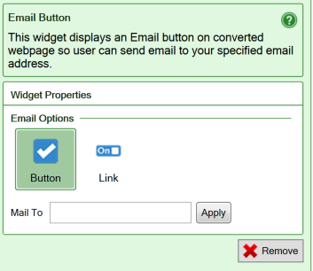 Screenshot of the settings for the E-mail button widget