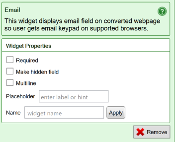 Screenshot of the settings for the E-mail widget