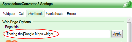 Screenshot of the Page title setting in the Workbook tab of the task pane