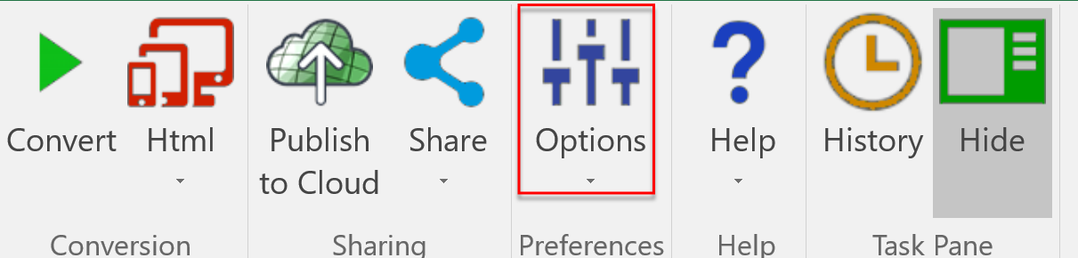 Screenshot of the Options choice in the SpreadsheetConverter ribbon