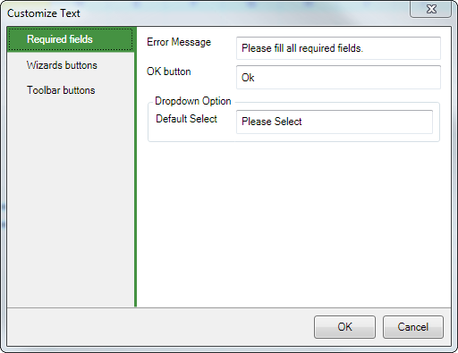 Screenshot of the Customize Texts setting