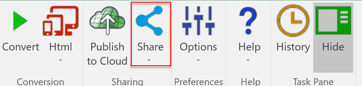 Screenshot of Share in the SpreadsheetConverter ribbon 