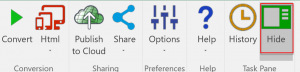 Screenshot of the Taskpane choice in the SpreadsheetConverter ribbon