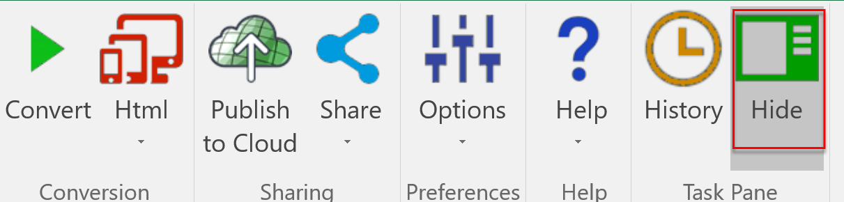 Screenshot of the Taskpane choice in the SpreadsheetConverter ribbon