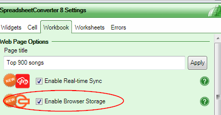 Screenshot of the Browser storage settings on the Workbook tab of the task pane