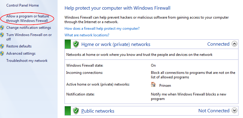Screenshot of the Windows Firewall Control Panel in Windows 7