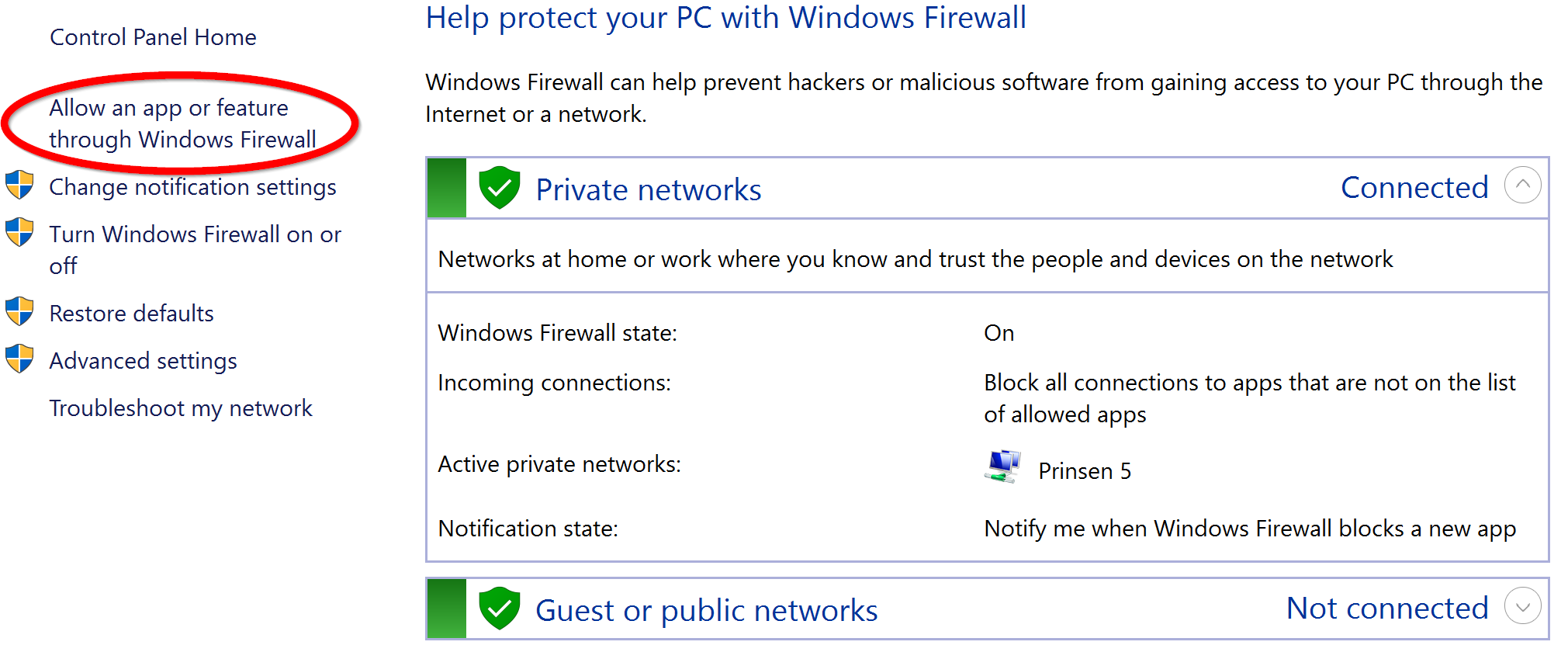 Screenshot of the Windows Firewall Control panel in Windows 8 and 10