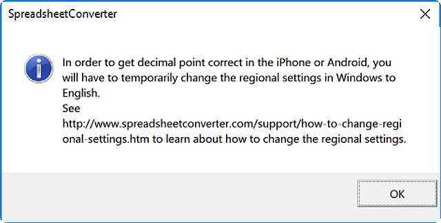 Screenshot of the message to change the regional settings