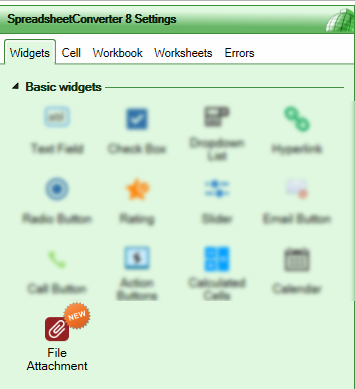 Screenshot of the Widgets pane with the File Attachment widget