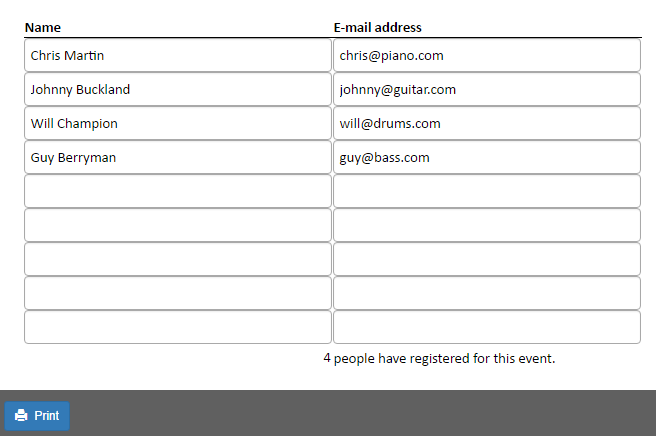 Screenshot of the signup list on the web