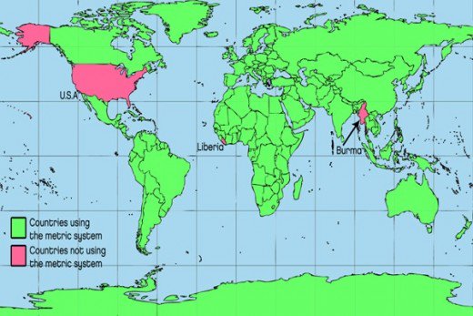 Map of countries using the metric system, and countries using US customary units