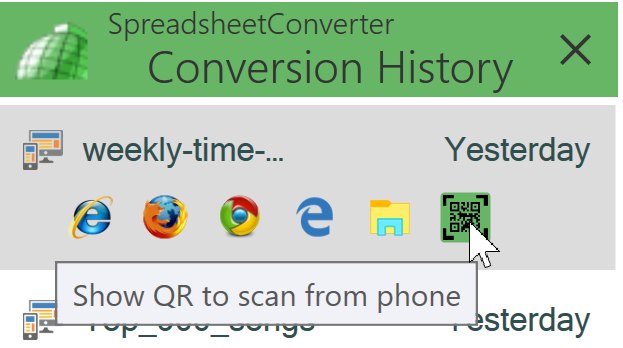 Screenshot of the browser and QR code icons in the conversion history
