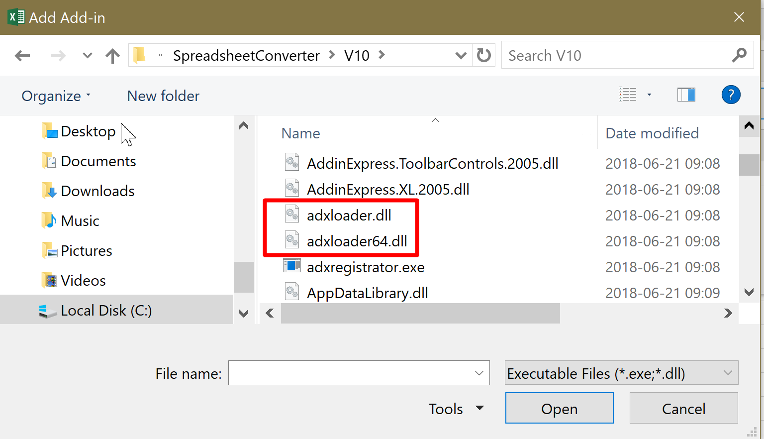 Screenshot of the adxloader files in the installation folder for SpreadsheetConverter