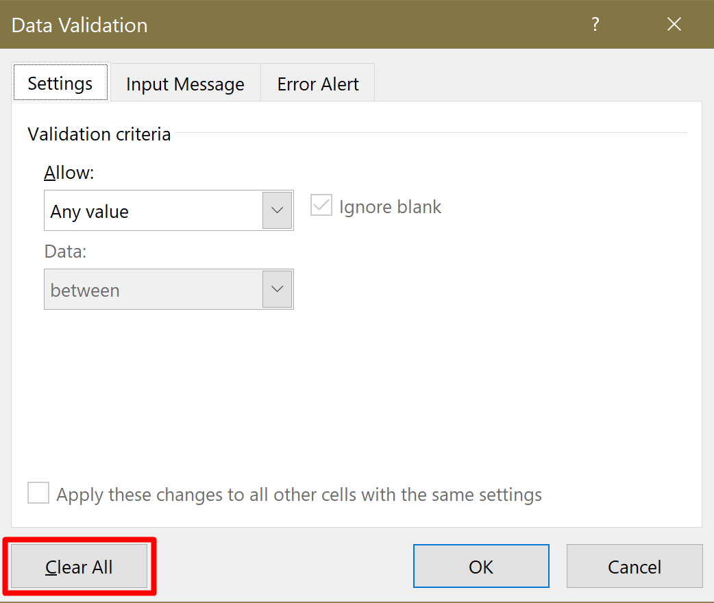 Screenshot of the Data Validation settings with the Clear All button
