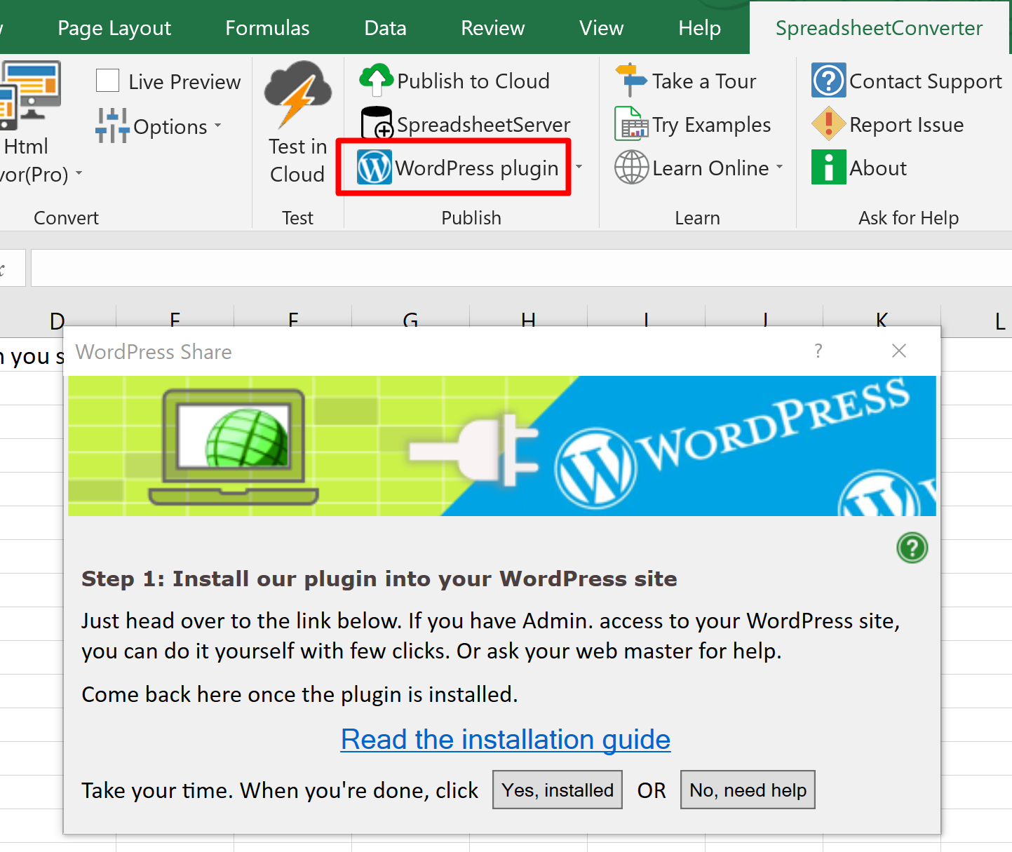 Screenshot of the WordPress plugin button in the Publish section of the ribbon, and the initial prompt to install the plugin