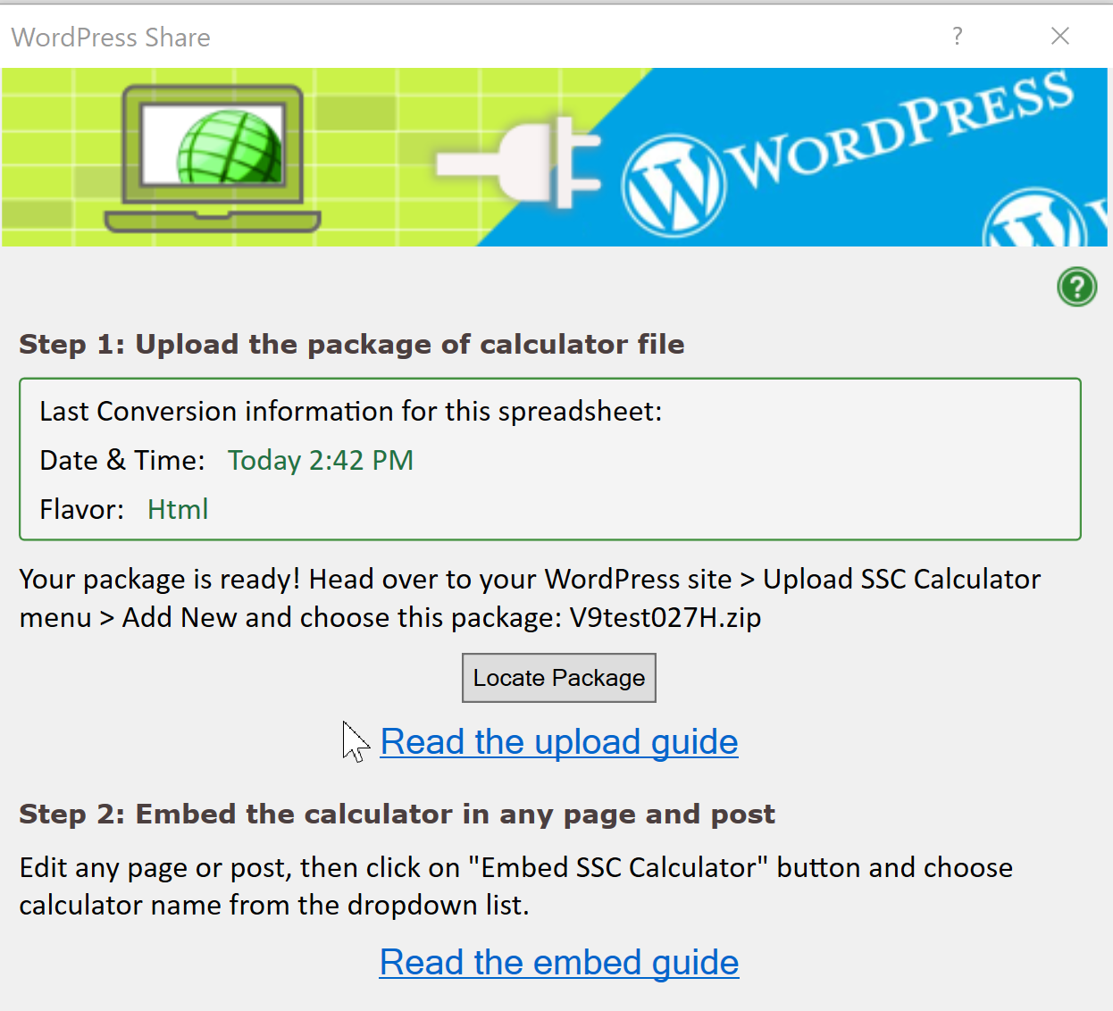 Screenshot of the upload screen for the WordPress plugin