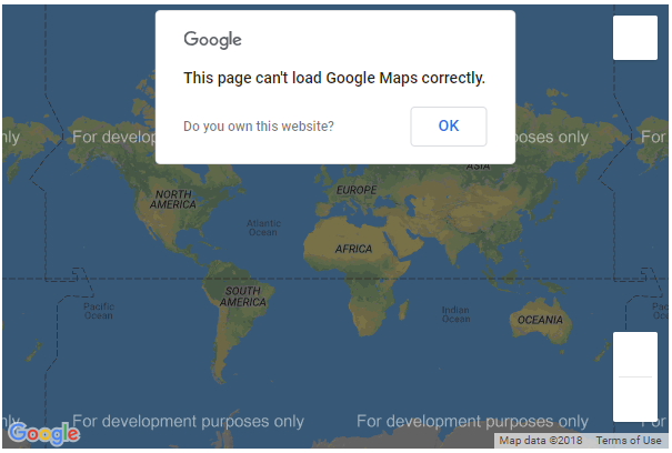 Screenshot of a Google Map that cannot be loaded because of problems with the Google API key