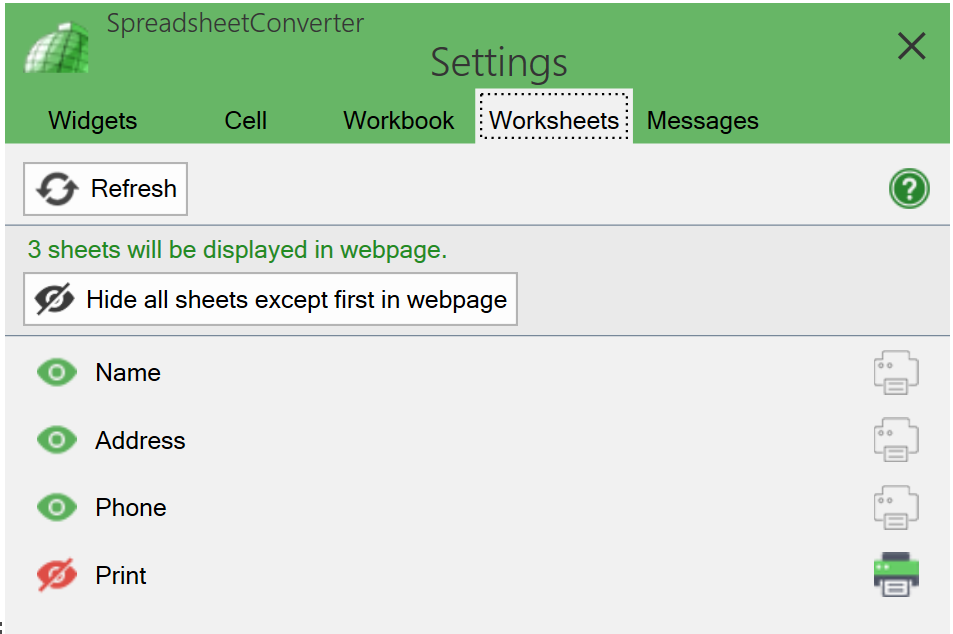 Screenshot of the Worksheets tab
