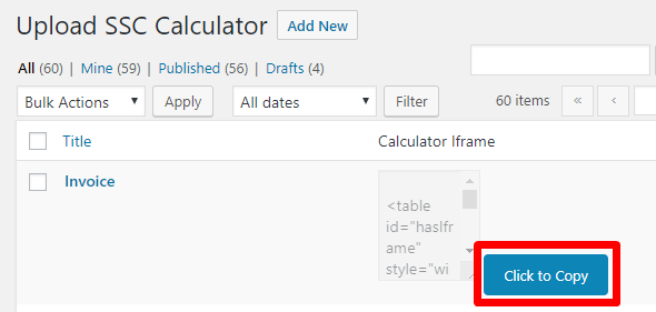 Screenshot of the Click to Copy button for an uploaded calculator