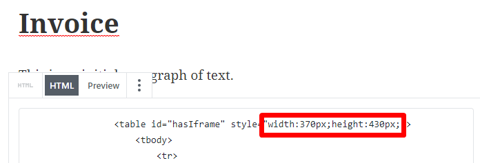 Screenshot of how you adjust the width and height in the embed code