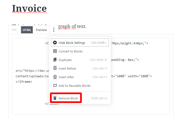 Screenshot of the Remove option in the block menu
