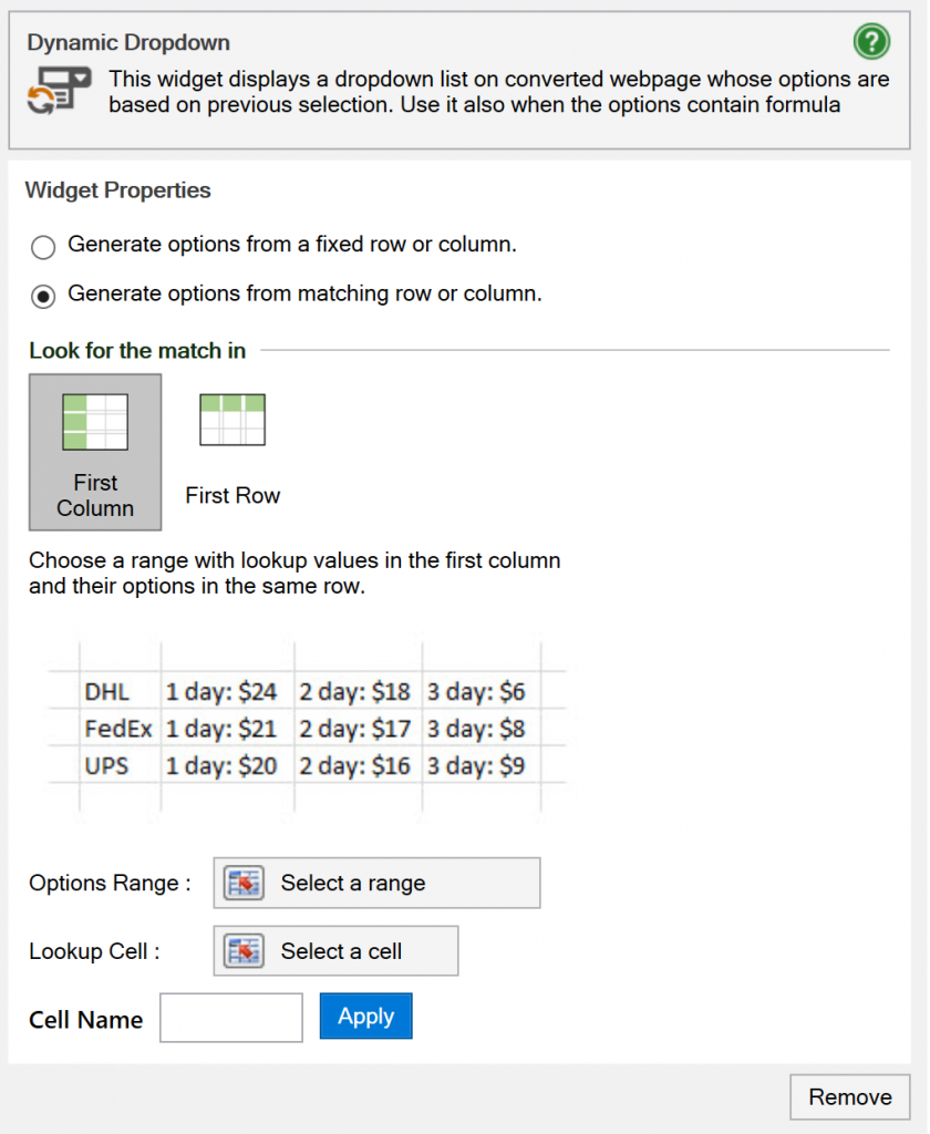 Screenshot of the options range and lookup cell options for a dynamic dropdown menu with matching row