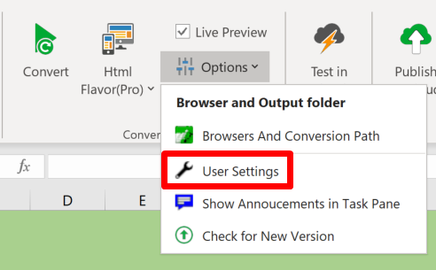 Screenshot of the User settings shortcut in the Options menu in the Convert section of the ribbon