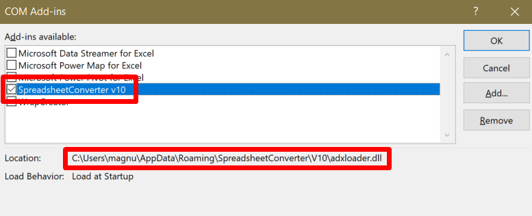 Scrrenshot of SpreadsheetConverter listed as an installed COM add-in in Excel