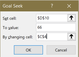Screenshot of the Goal Seek prompt asking for the result cell, the goal value and the cell to seek with