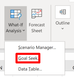 Screenshot of the Goal Seek shortcut in the Forecasts group in the Data section of the ribbon