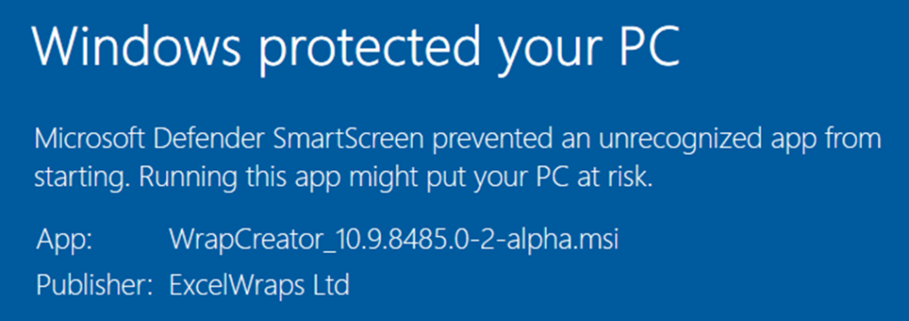 Screenshot of the "Windows protected your PC" message from Windows Defender