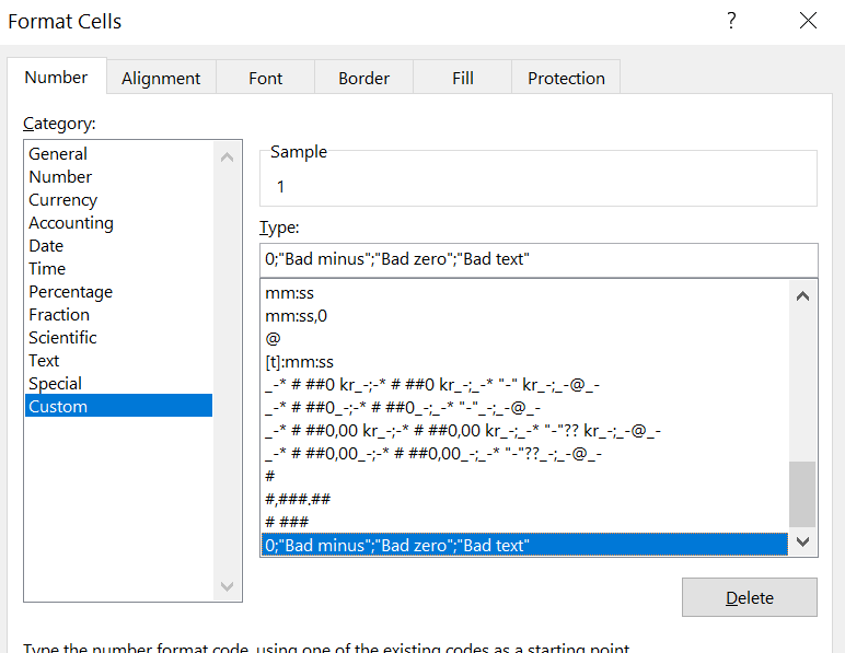 Screenshot of a custom cell format that displays error messages